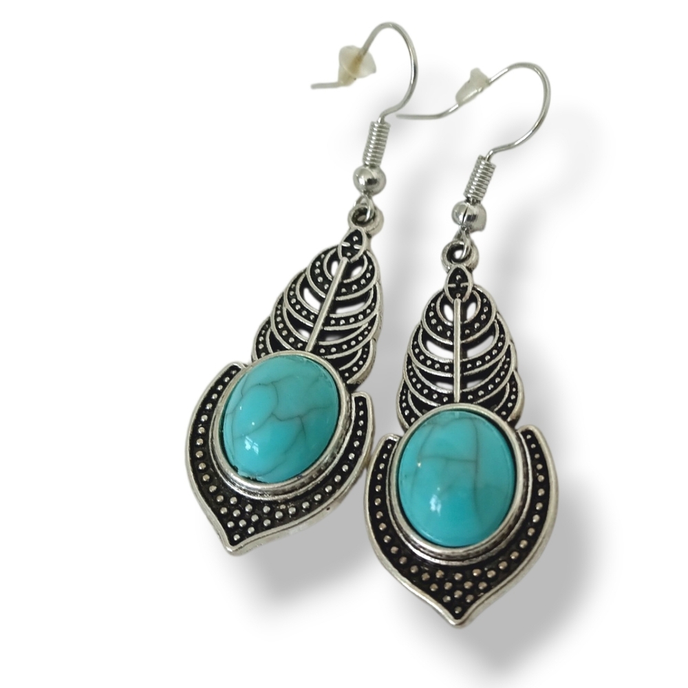 Turquoise Feather Earrings Antique Silver Dangle Gemstone Southwestern Bohemian